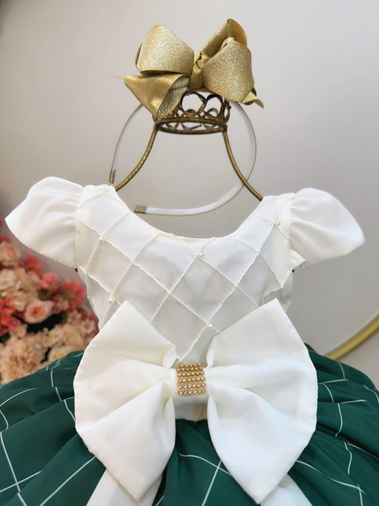 Vestido Infantil Marfim Busto Nervura e Saia Verde Bandeira