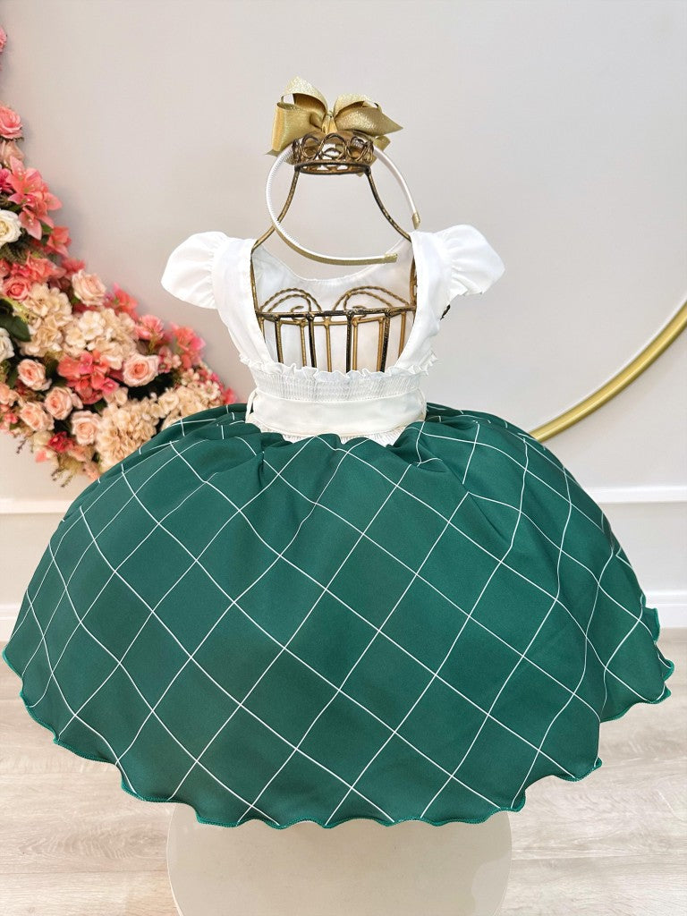 Vestido Infantil Marfim Busto Nervura e Saia Verde Bandeira