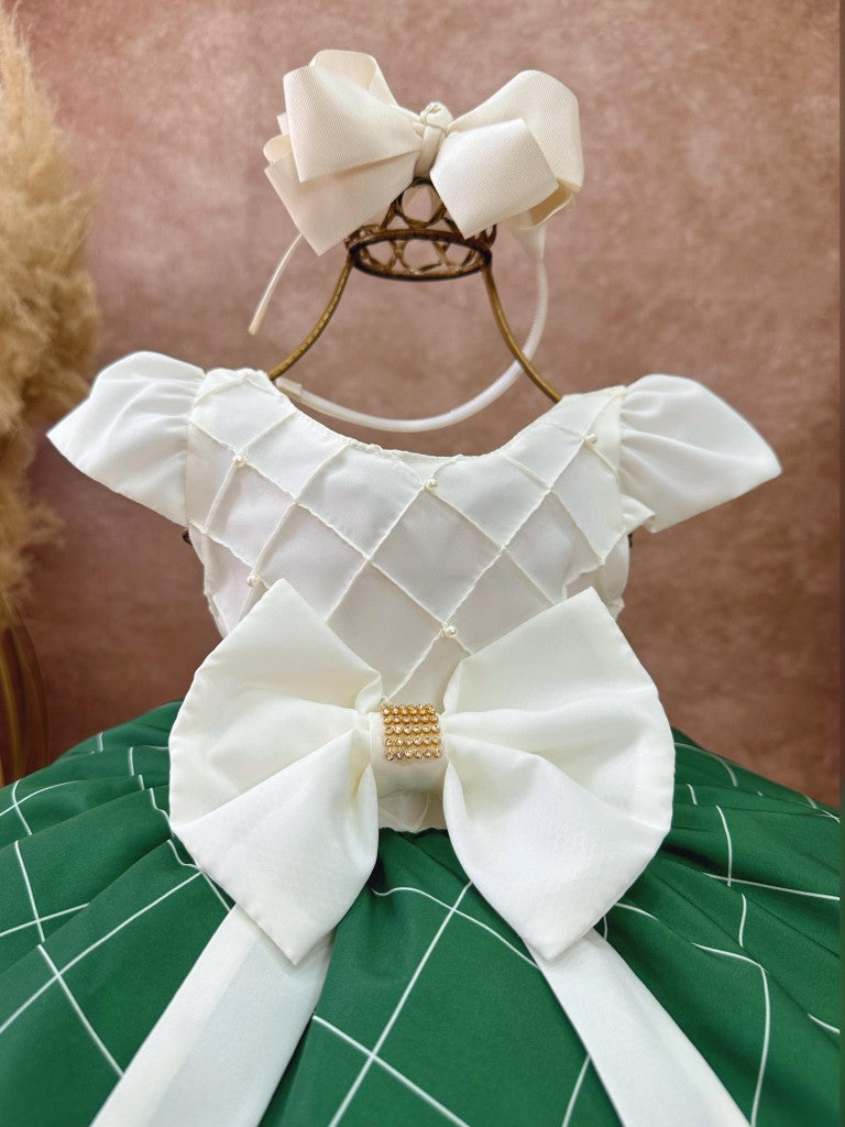 Vestido Infantil Marfim Busto Nervura e Saia Verde Bandeira