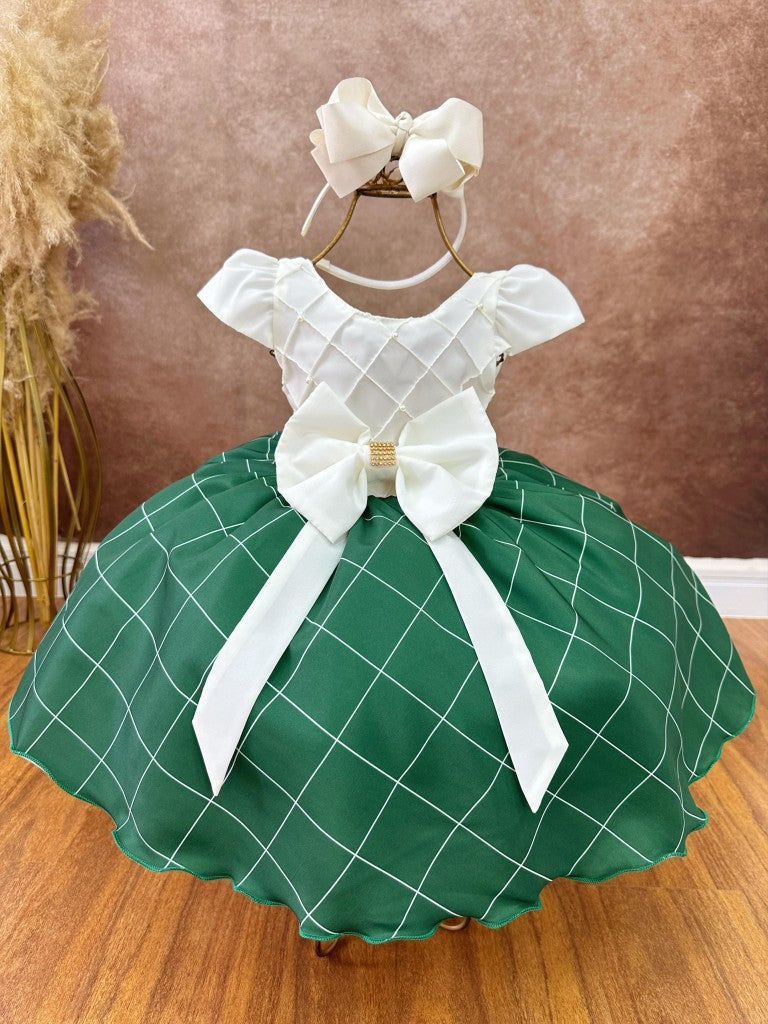 Vestido Infantil Marfim Busto Nervura e Saia Verde Bandeira
