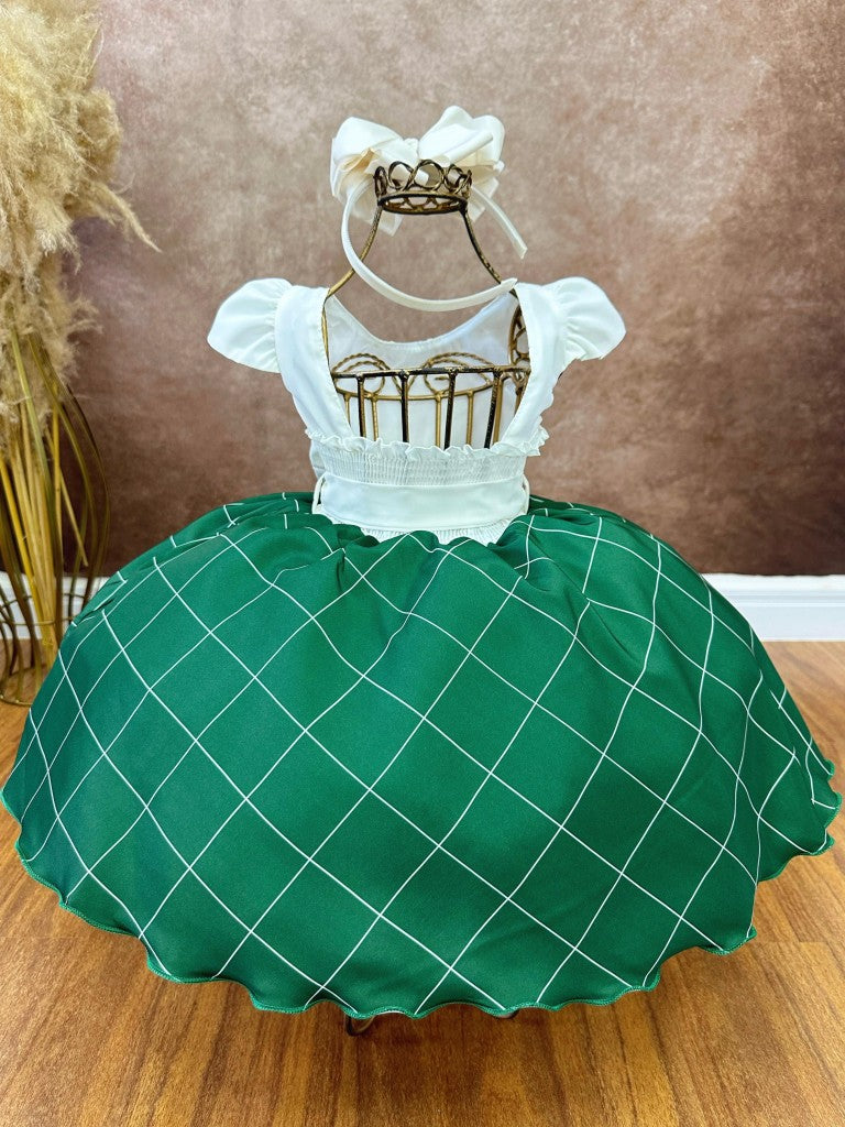 Vestido Infantil Marfim Busto Nervura e Saia Verde Bandeira