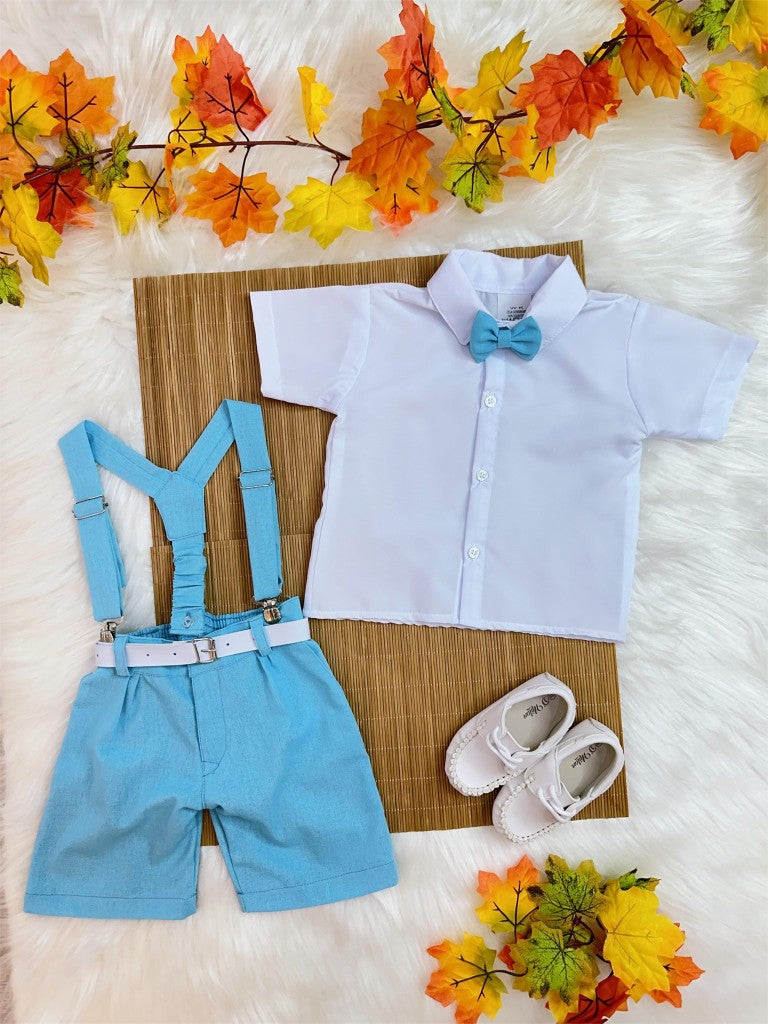 Conjunto Infantil Camisa Branca C/ Short Susp. e Gravata Azul