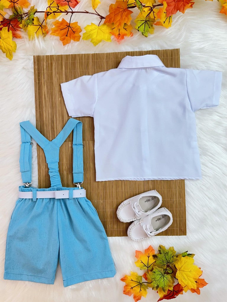 Conjunto Infantil Camisa Branca C/ Short Susp. e Gravata Azul