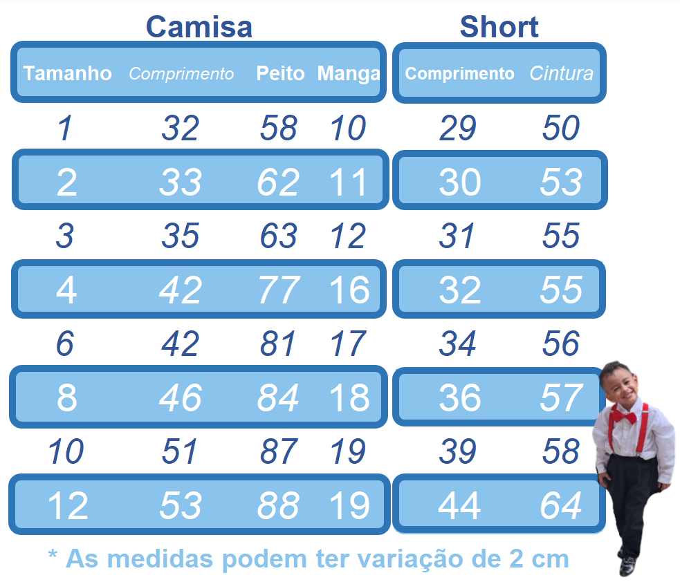 Conjunto Infantil Camisa Branca C/ Short Susp. e Gravata Azul