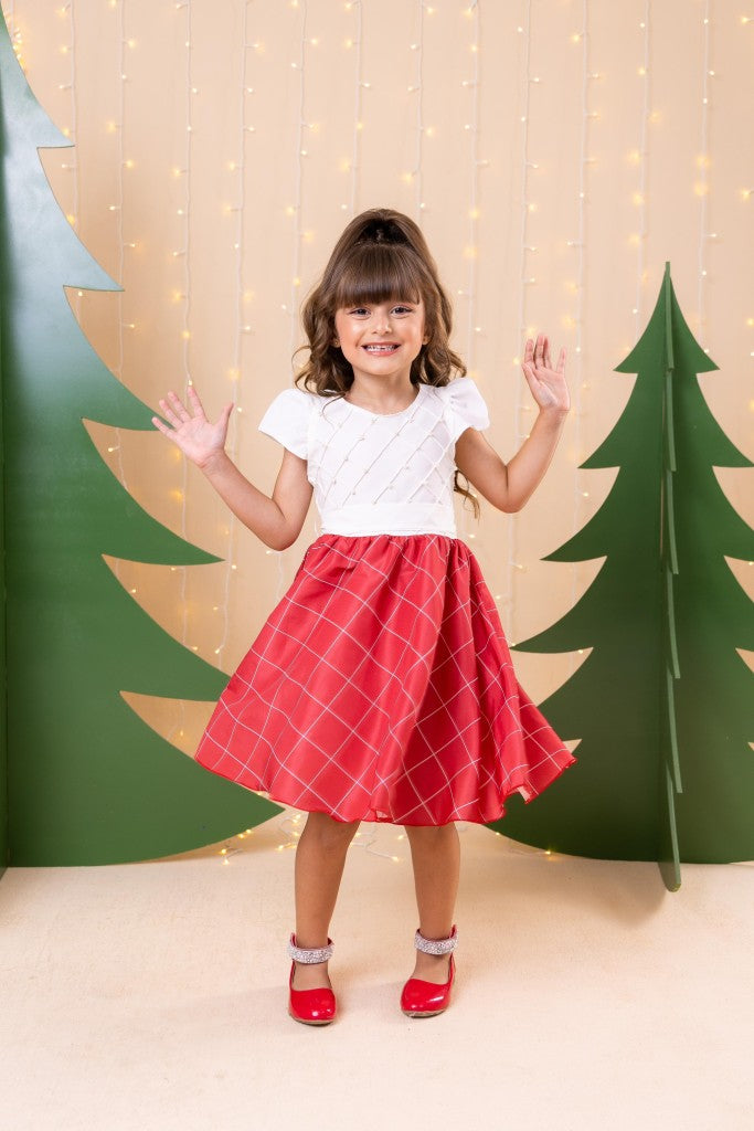 Vestido Infantil Vermelho em Poliéster com Laço e Gola Reta