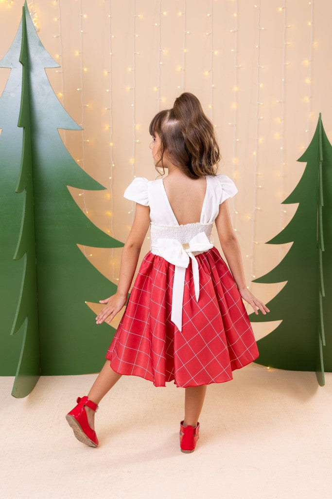 Vestido Infantil Vermelho em Poliéster com Laço e Gola Reta