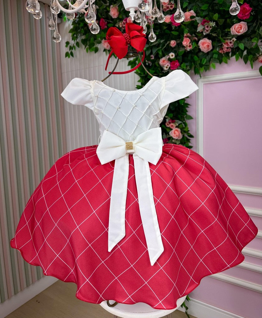 Vestido Infantil Vermelho em Poliéster com Laço e Gola Reta