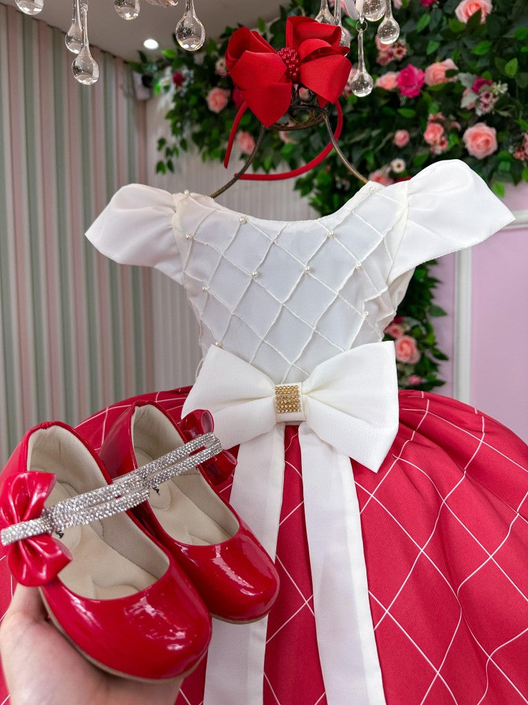 Vestido Infantil Vermelho em Poliéster com Laço e Gola Reta