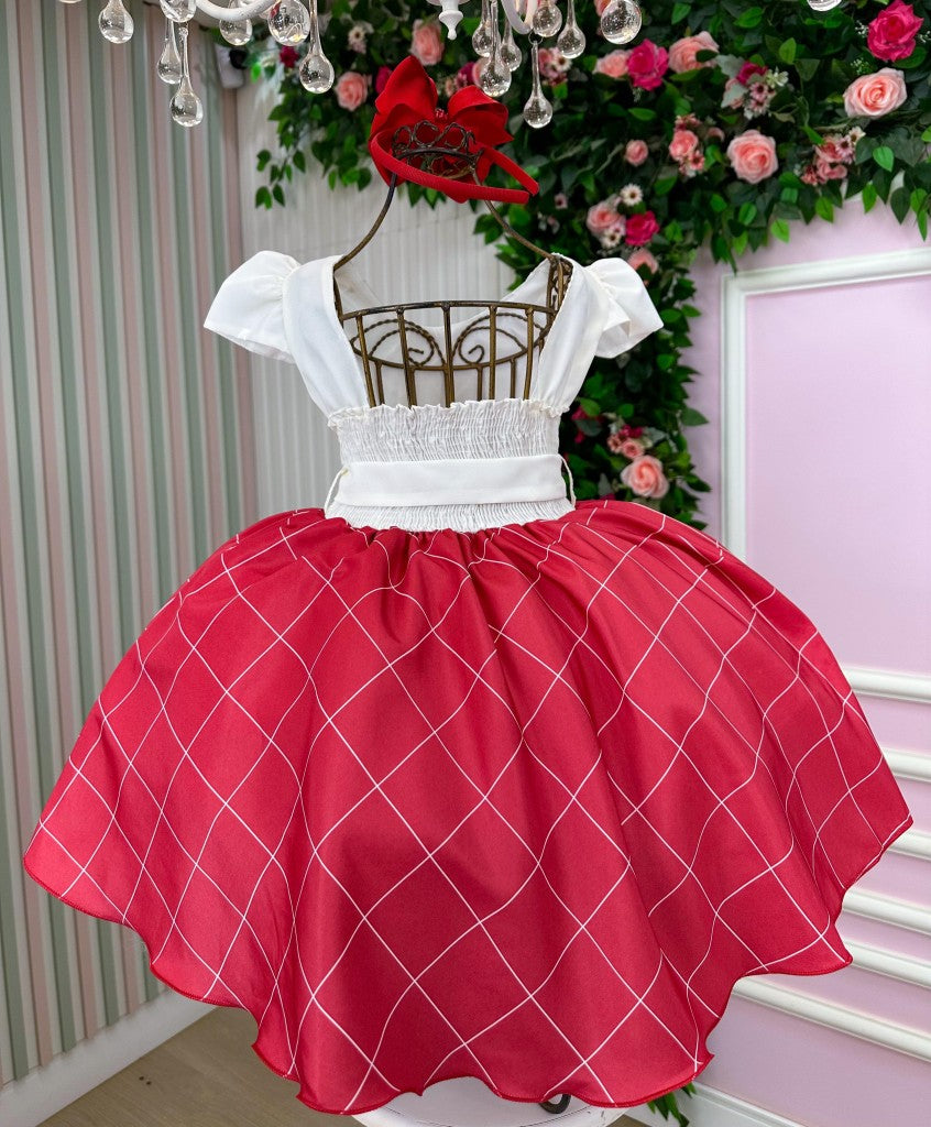 Vestido Infantil Vermelho em Poliéster com Laço e Gola Reta