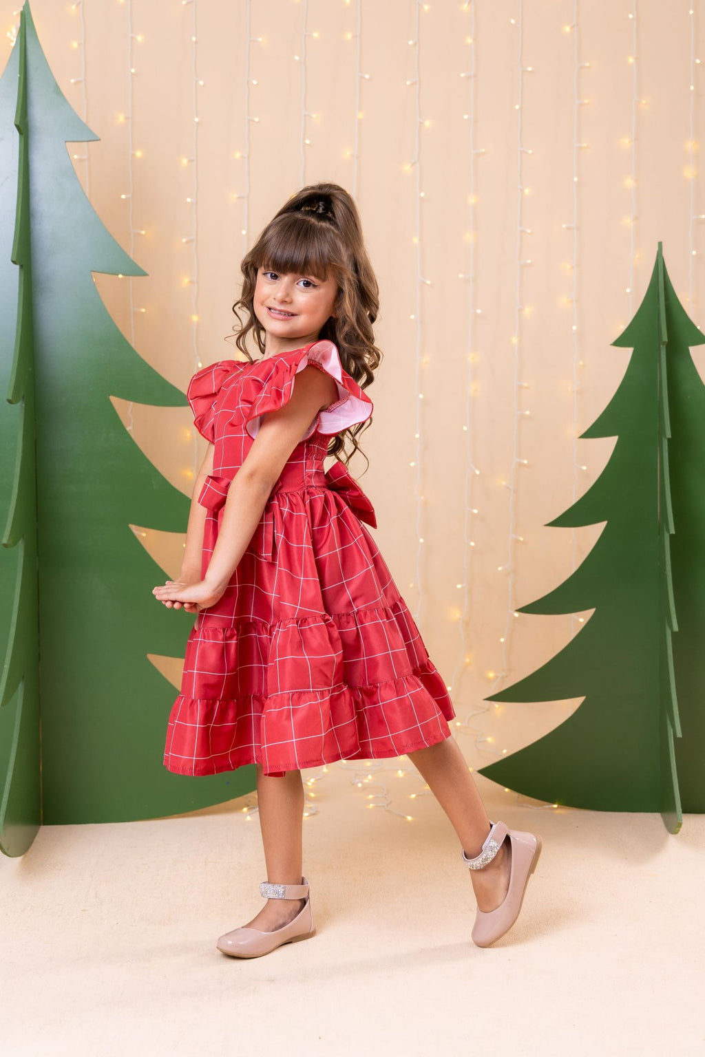 Vestido Vermelho Infantil em Poliéster com Laço e Ajuste nas Costas