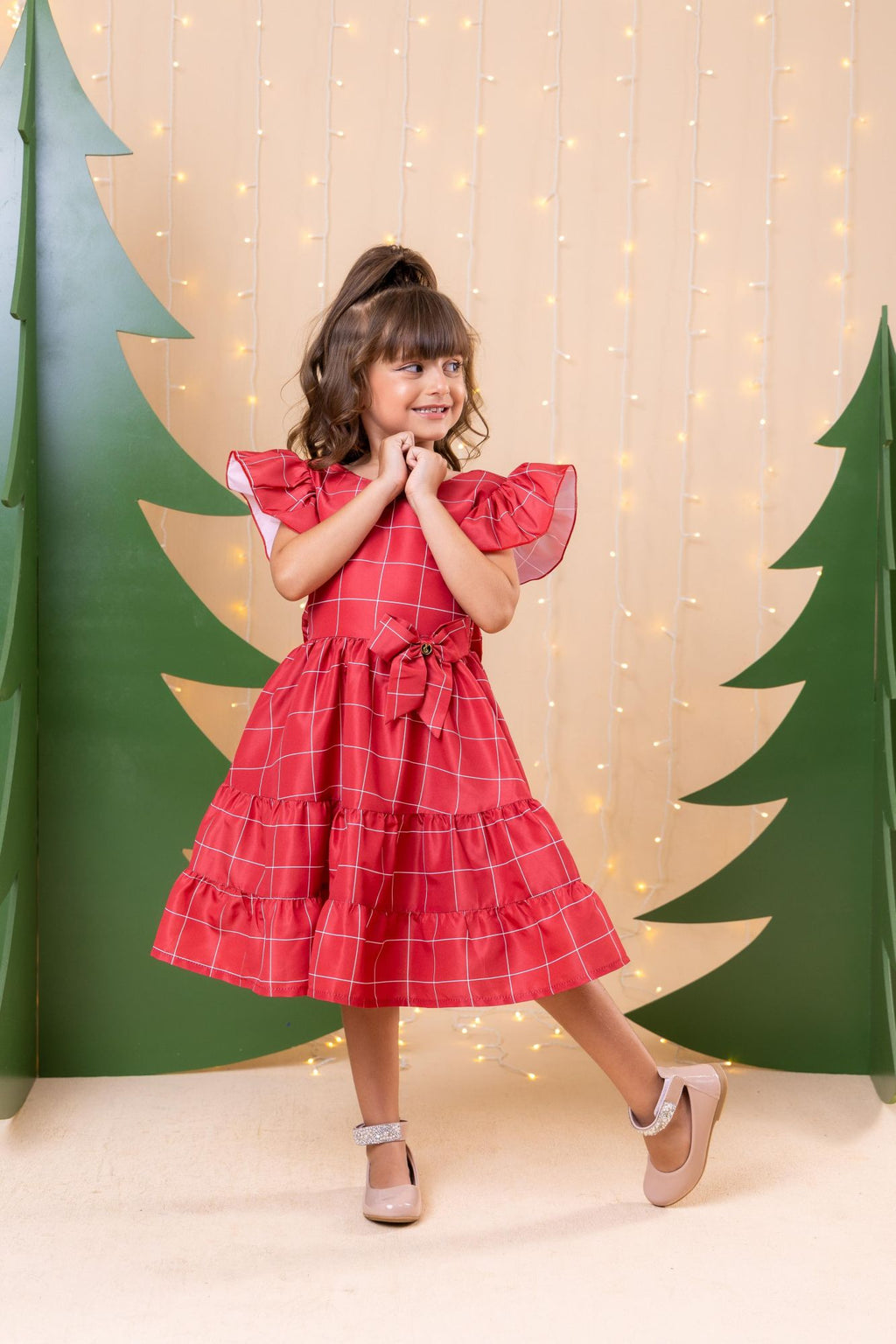 Vestido Vermelho Infantil em Poliéster com Laço e Ajuste nas Costas