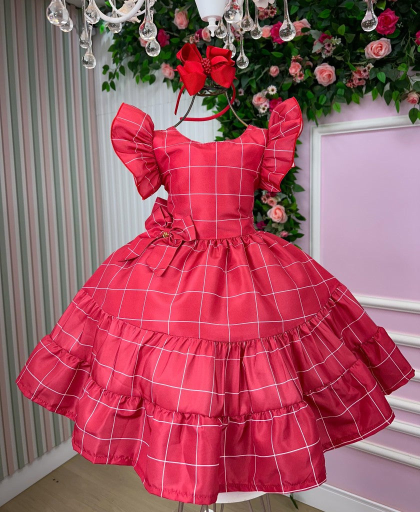 Vestido Vermelho Infantil em Poliéster com Laço e Ajuste nas Costas