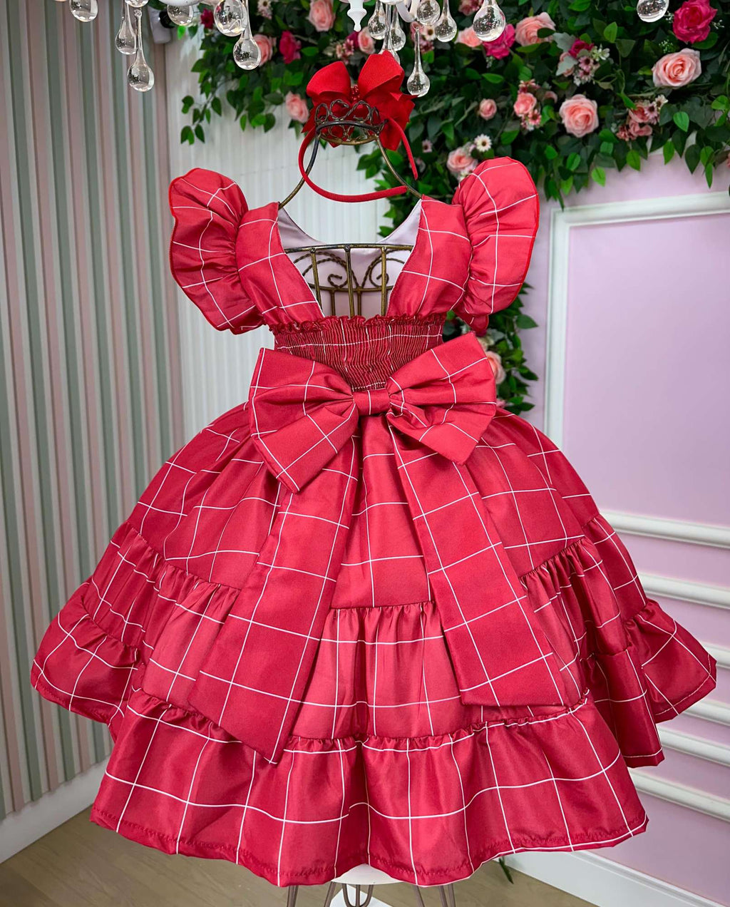 Vestido Vermelho Infantil em Poliéster com Laço e Ajuste nas Costas