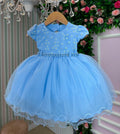 Vestido Azul Bebê com Florzinhas para Menina em Tecido Misto