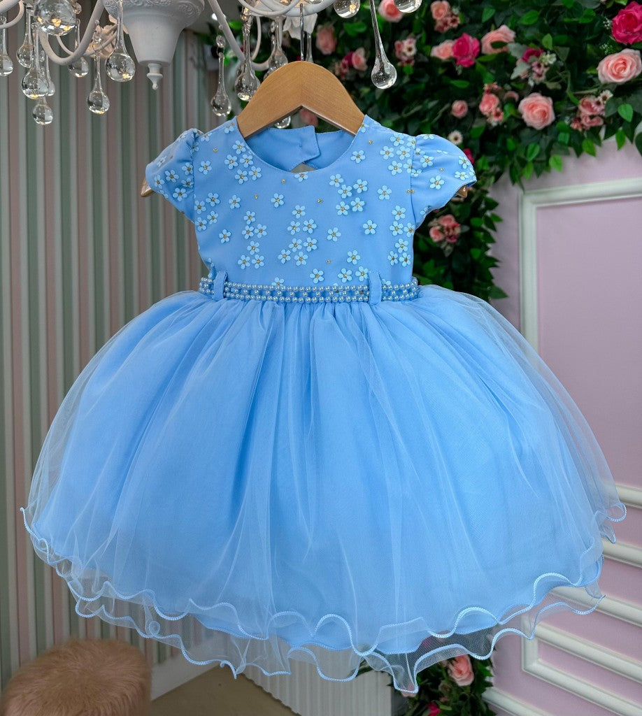 Vestido Azul Bebê com Florzinhas para Menina em Tecido Misto
