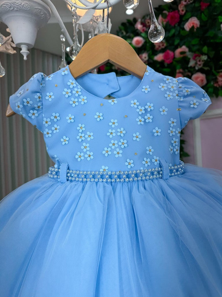 Vestido Azul Bebê com Florzinhas para Menina em Tecido Misto
