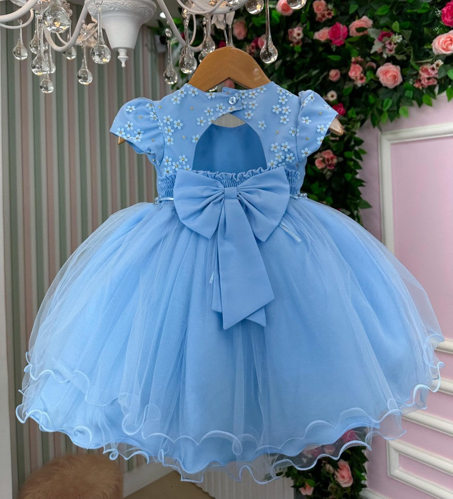 Vestido Azul Bebê com Florzinhas para Menina em Tecido Misto