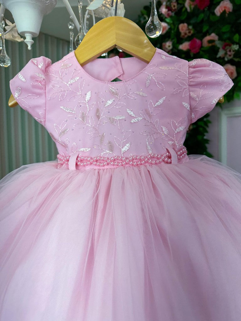 Vestido Florido Infantil Rosa com Detalhes em Strass