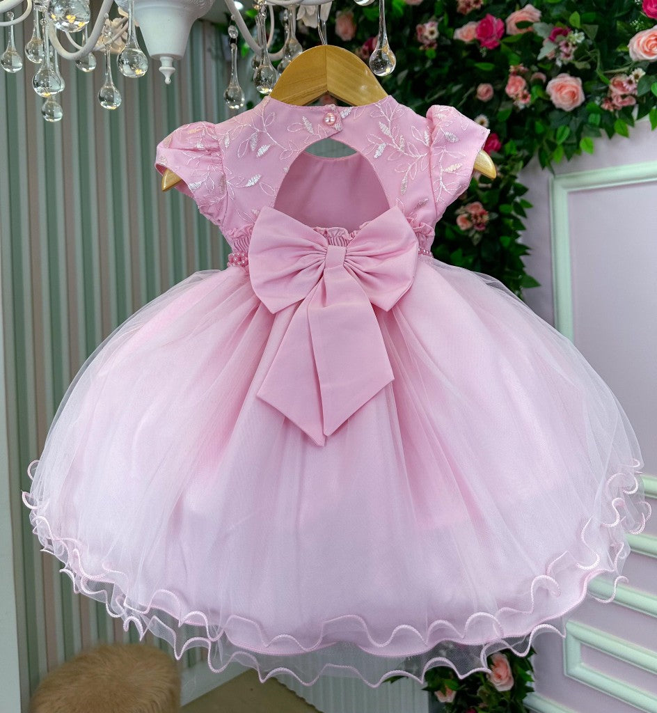 Vestido Florido Infantil Rosa com Detalhes em Strass