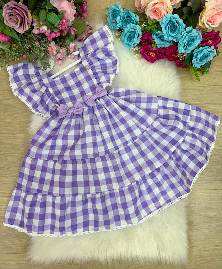 Vestido Xadrez Lilás em Tecido Misto para Festas Juninas