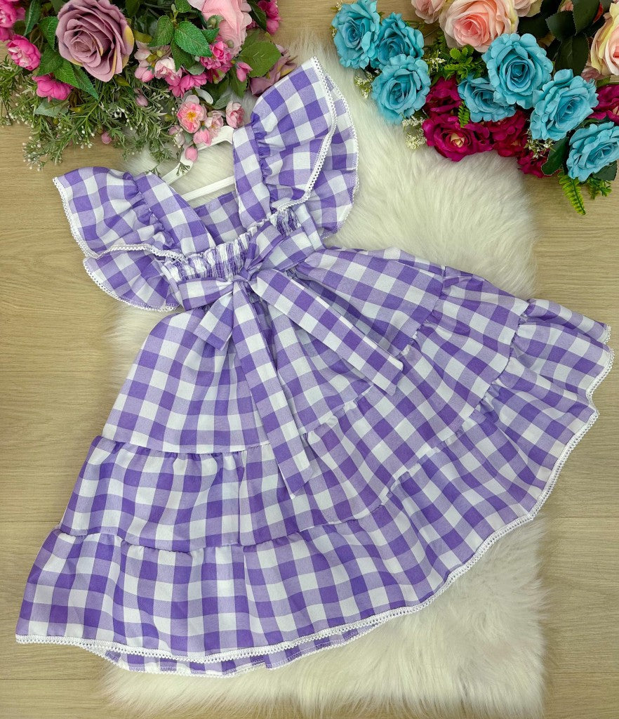 Vestido Xadrez Lilás em Tecido Misto para Festas Juninas