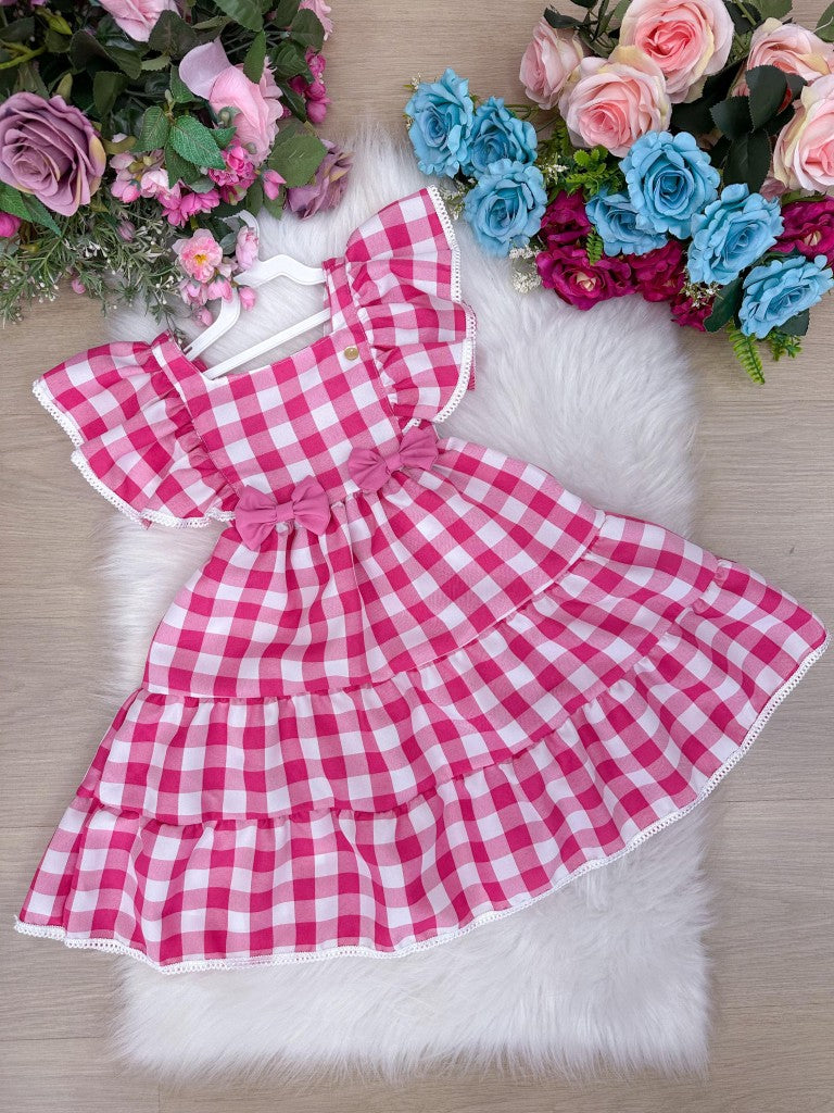 Vestido Xadrez Rosa em Tecido Misto para Crianças