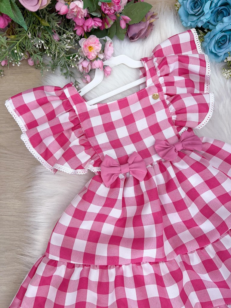Vestido Xadrez Rosa em Tecido Misto para Crianças