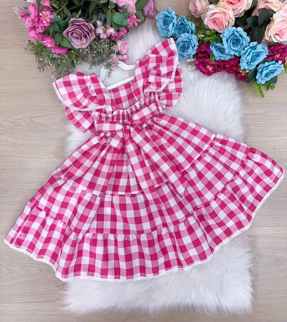 Vestido Xadrez Rosa em Tecido Misto para Crianças