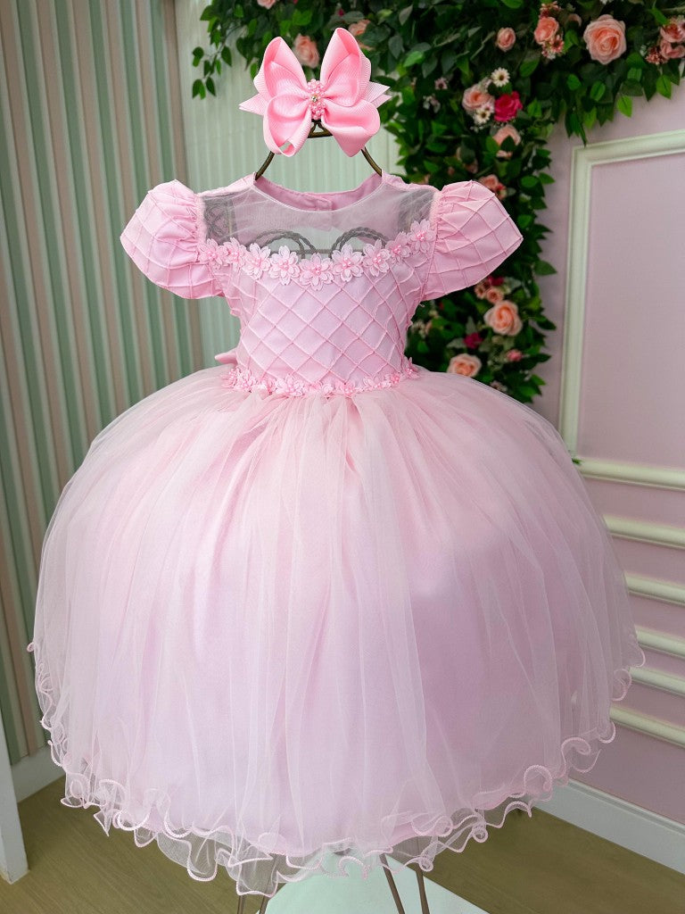 Vestido Rosa Bebê em Tecido Tafeta para Menina com Laço e Gola Redonda