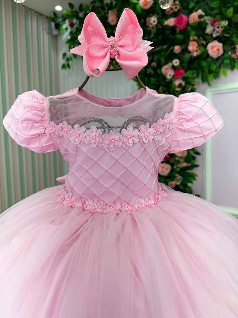 Vestido Rosa Bebê em Tecido Tafeta para Menina com Laço e Gola Redonda
