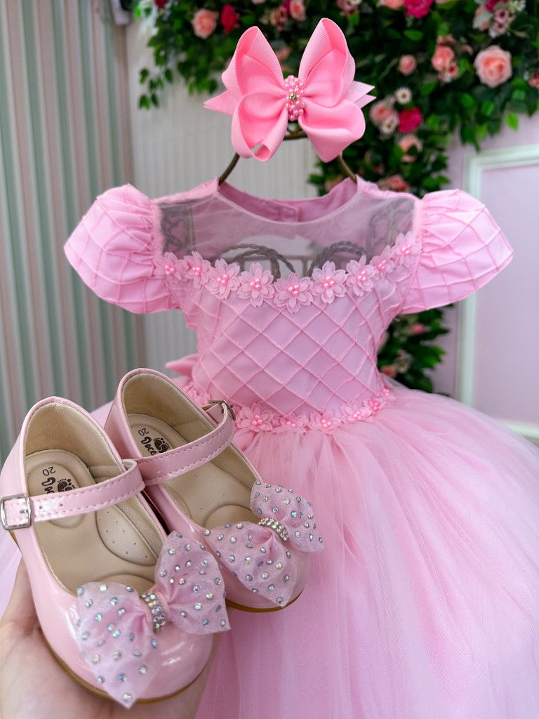 Vestido Rosa Bebê em Tecido Tafeta para Menina com Laço e Gola Redonda