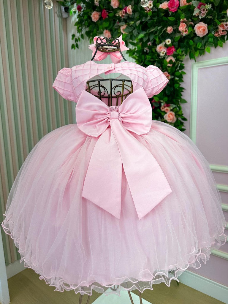 Vestido Rosa Bebê em Tecido Tafeta para Menina com Laço e Gola Redonda
