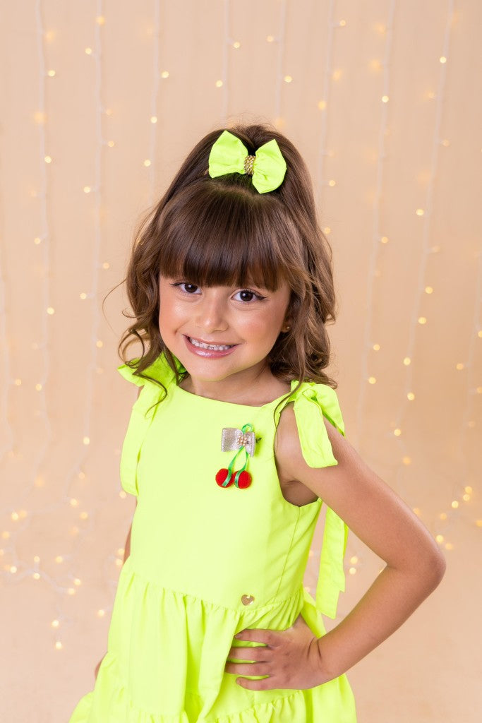 Vestido Infantil Verde Neon com Laço em Tecido 100% Poliéster