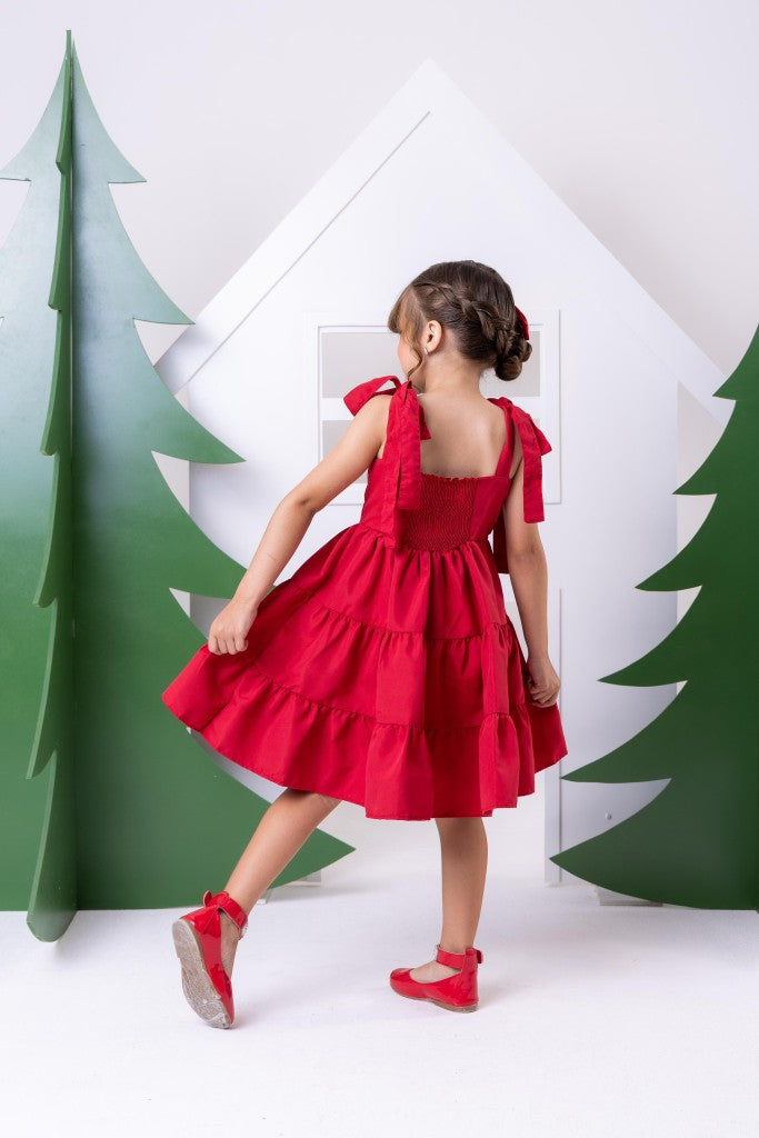 Vestido Vermelho Cerejinha em Poliéster com Laço Bico de Pato