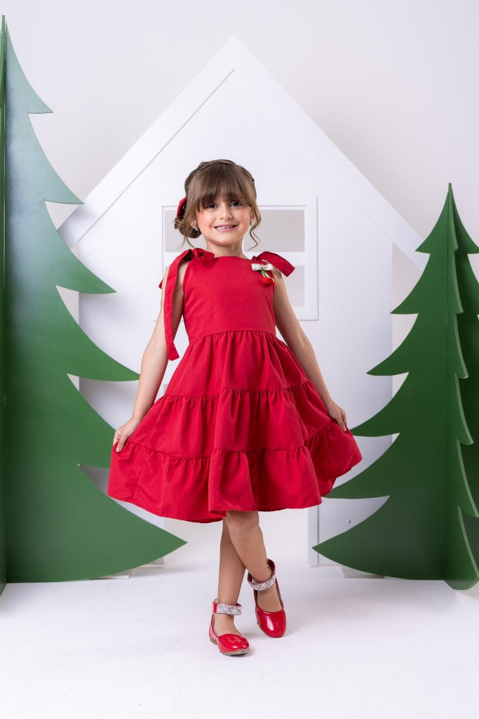 Vestido Vermelho Cerejinha em Poliéster com Laço Bico de Pato