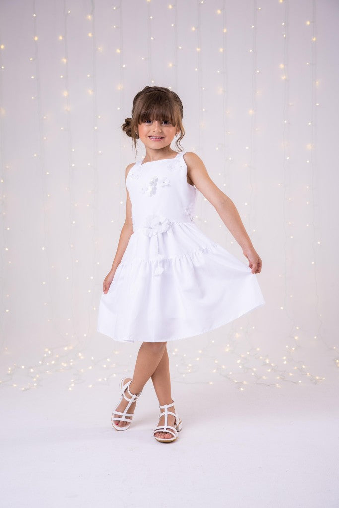 Vestido Infantil Branco em Tecido 100% Poliéster com Laço
