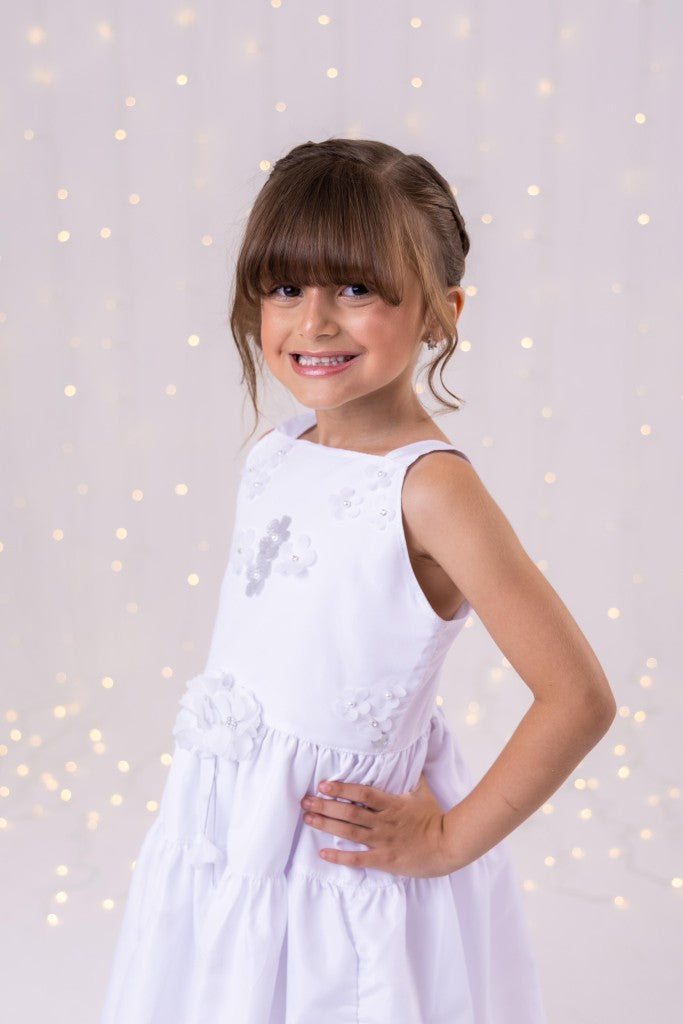 Vestido Infantil Branco em Tecido 100% Poliéster com Laço
