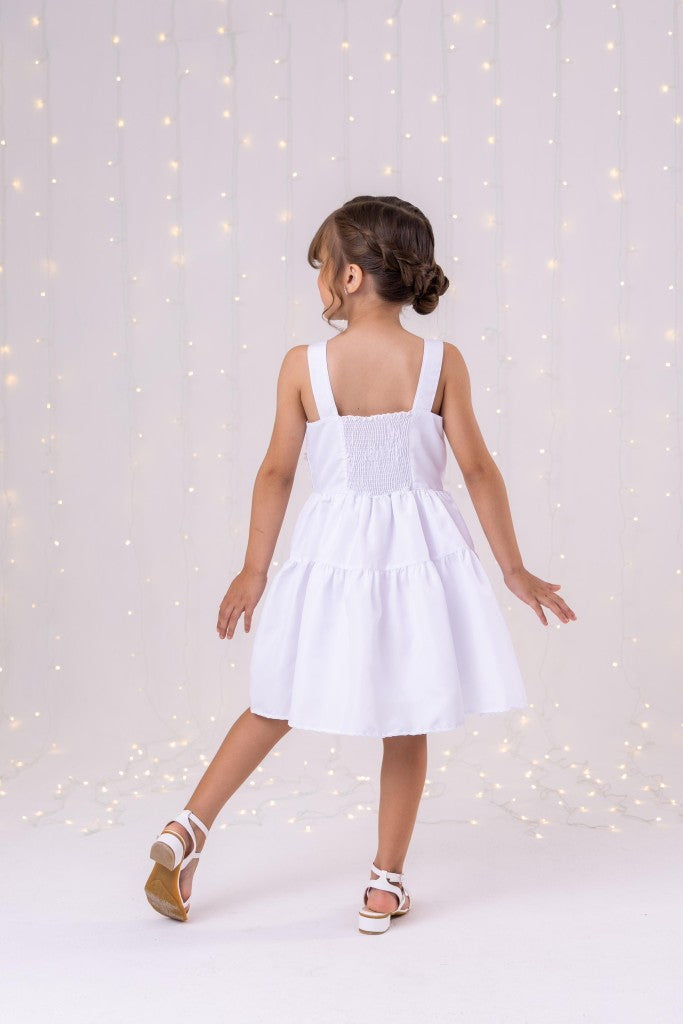 Vestido Infantil Branco em Tecido 100% Poliéster com Laço