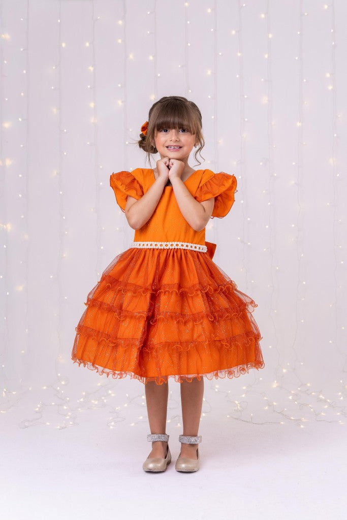 Vestido Terracota Infantil com Laço e Babado em Poliéster