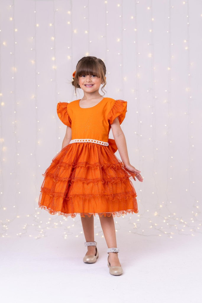 Vestido Terracota Infantil com Laço e Babado em Poliéster