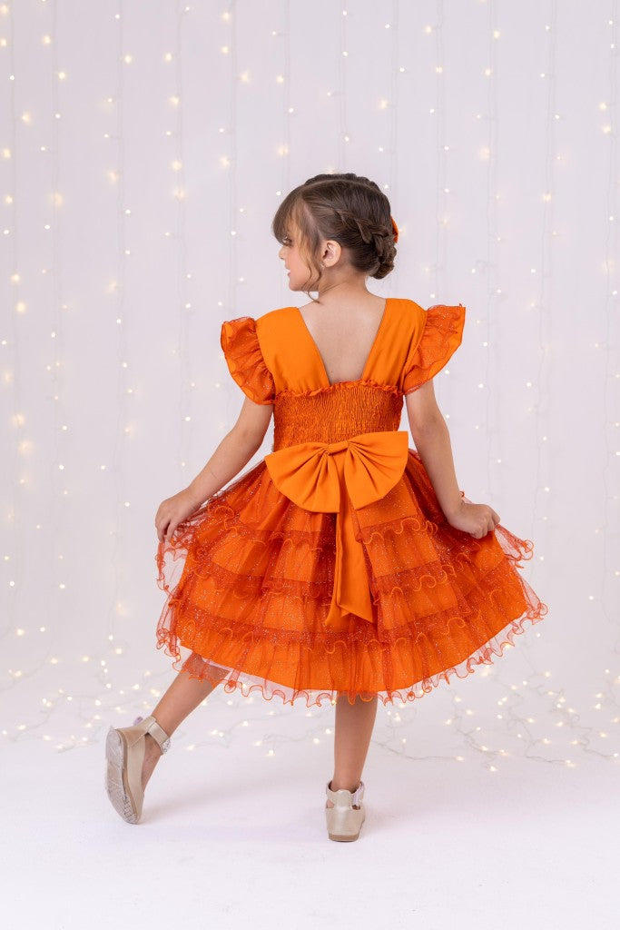 Vestido Terracota Infantil com Laço e Babado em Poliéster
