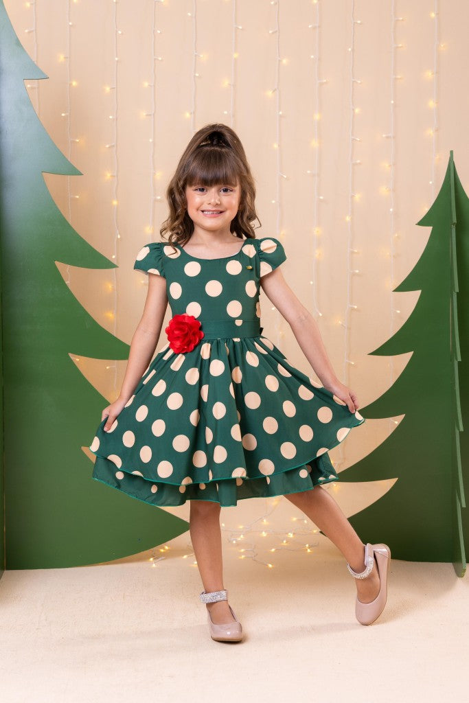 Vestido Infantil Verde com Bolinhas em Microfibra