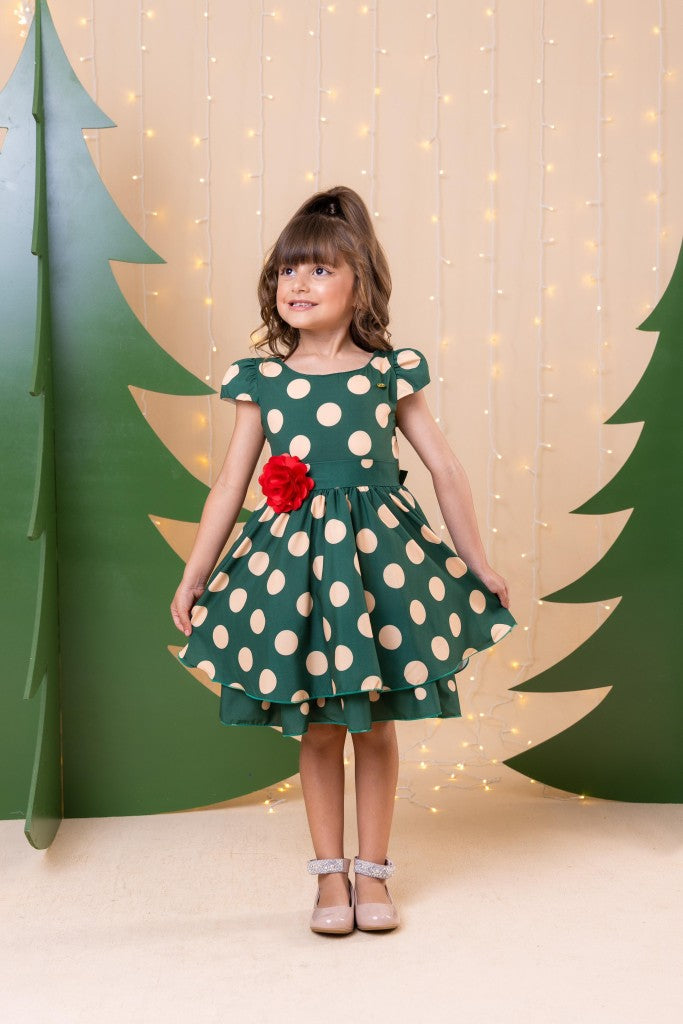 Vestido Infantil Verde com Bolinhas em Microfibra