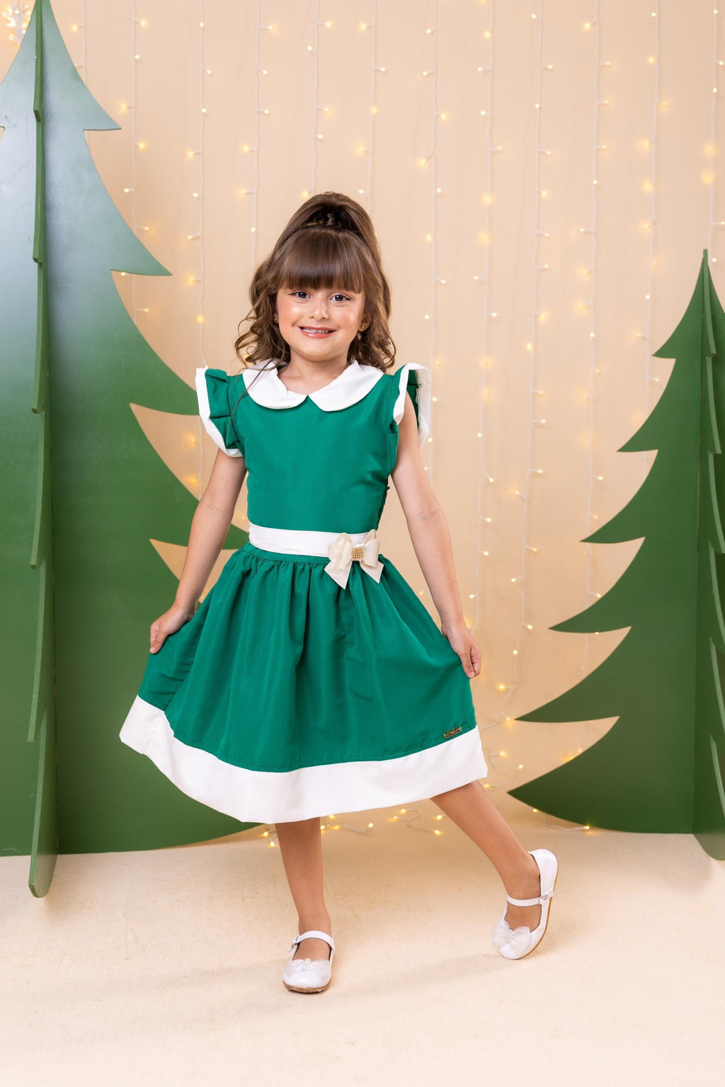 Vestido Verde Infantil em Poliéster com Laço - Natal