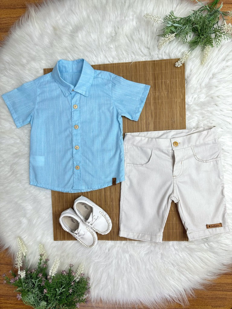 Camisa Azul Mescla e Bermuda Bege para Meninos Casual