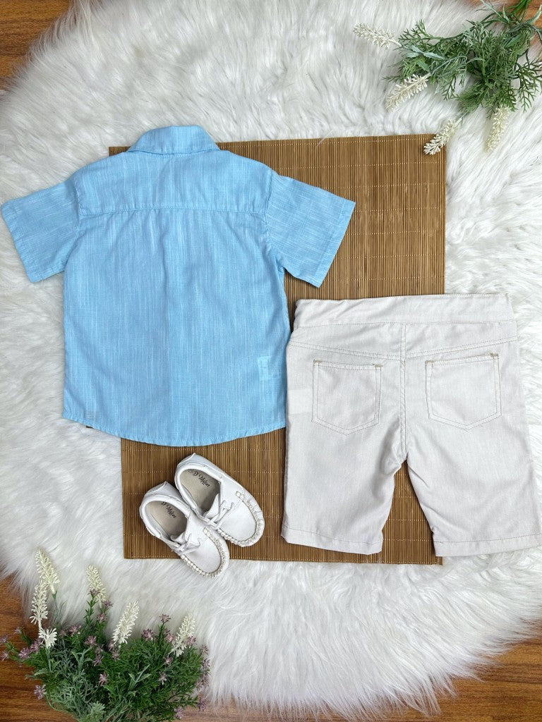 Camisa Azul Mescla e Bermuda Bege para Meninos Casual