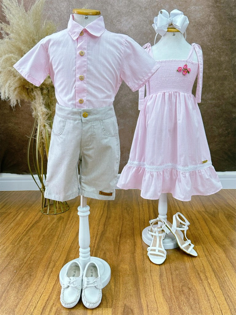 Conjunto Casual Rosa Mescla e Bege para Meninos