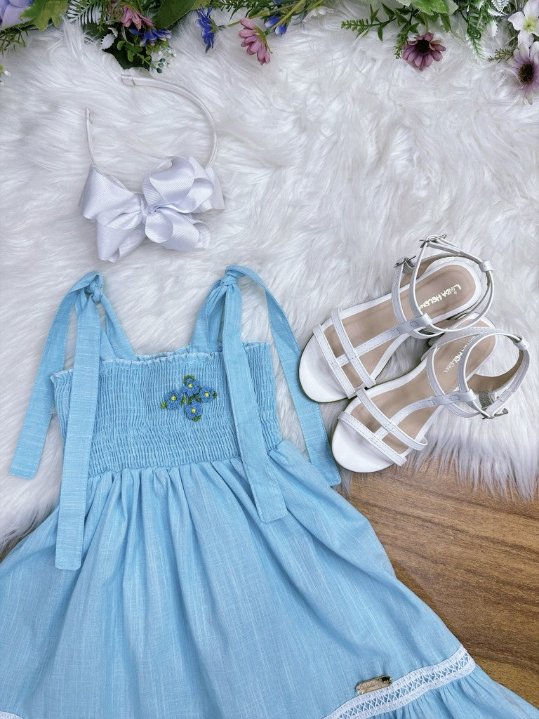 Vestido Infantil Azul Claro 100% Algodão Casual para Festas