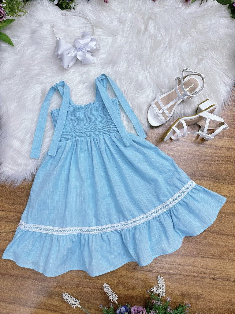 Vestido Infantil Azul Claro 100% Algodão Casual para Festas