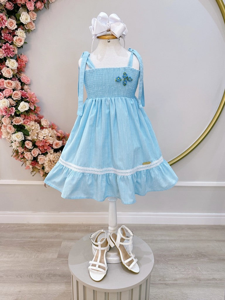 Vestido Infantil Azul Claro 100% Algodão Casual para Festas